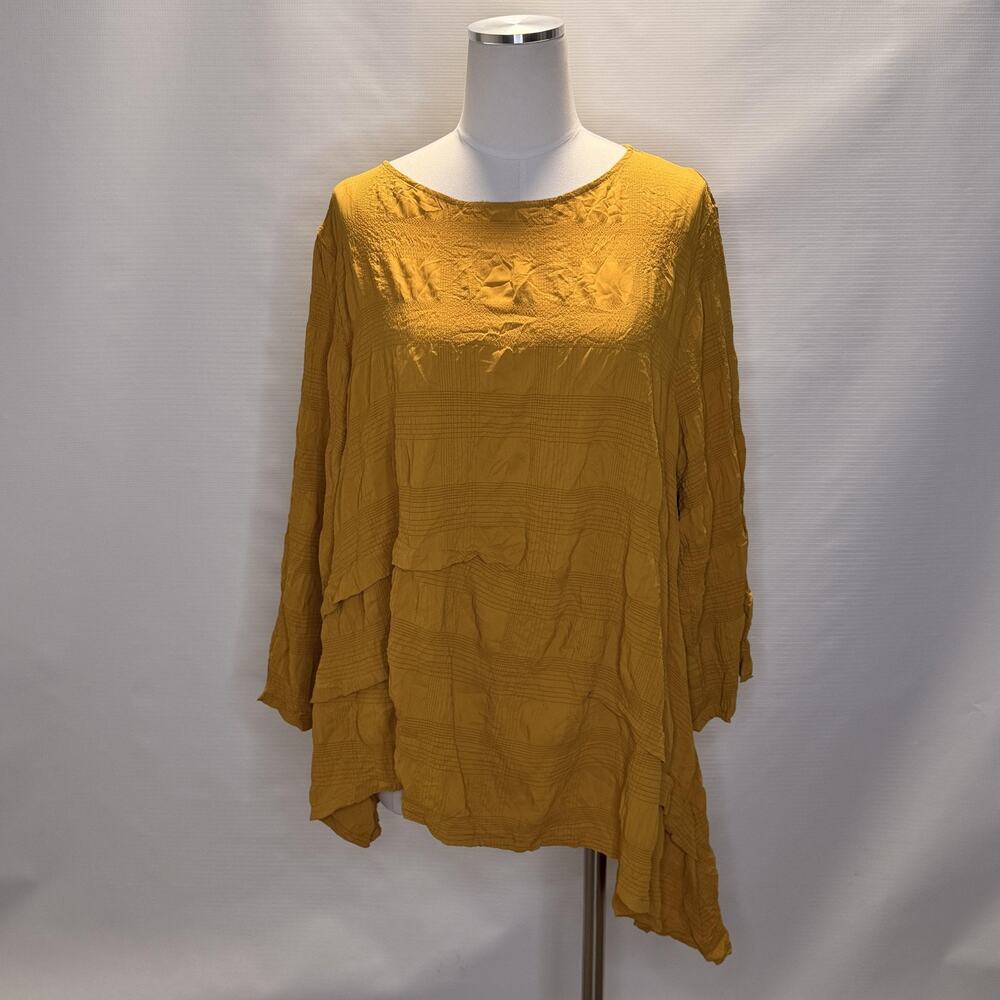 Chalet Et Ceci Blouse Womens Large Yellow Crinkle Asymmetrical Tunic Top